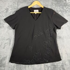 SSADA Blouse Top Womens 3XL Black‎ Chiffon Floral Embellished V Neck Minimalist